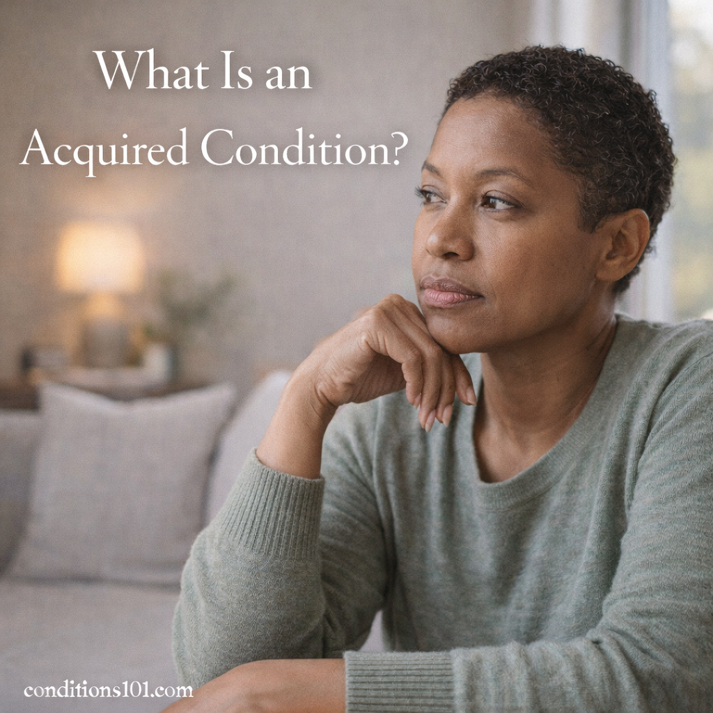 An adult woman sitting in a bright living room with a thoughtful expression, representing an acquired condition in a calm, everyday, non-clinical setting.