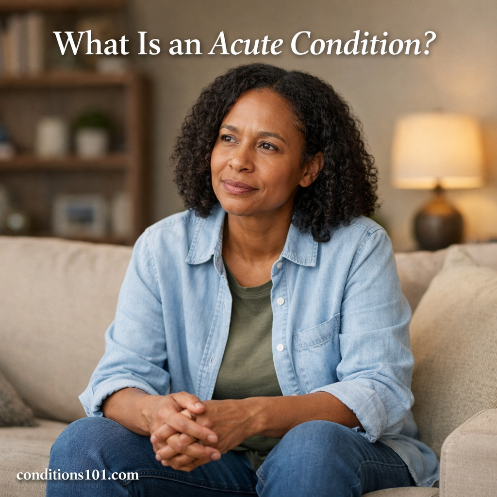 Adult person sitting calmly in a living room setting for an educational article explaining what an acute condition is.