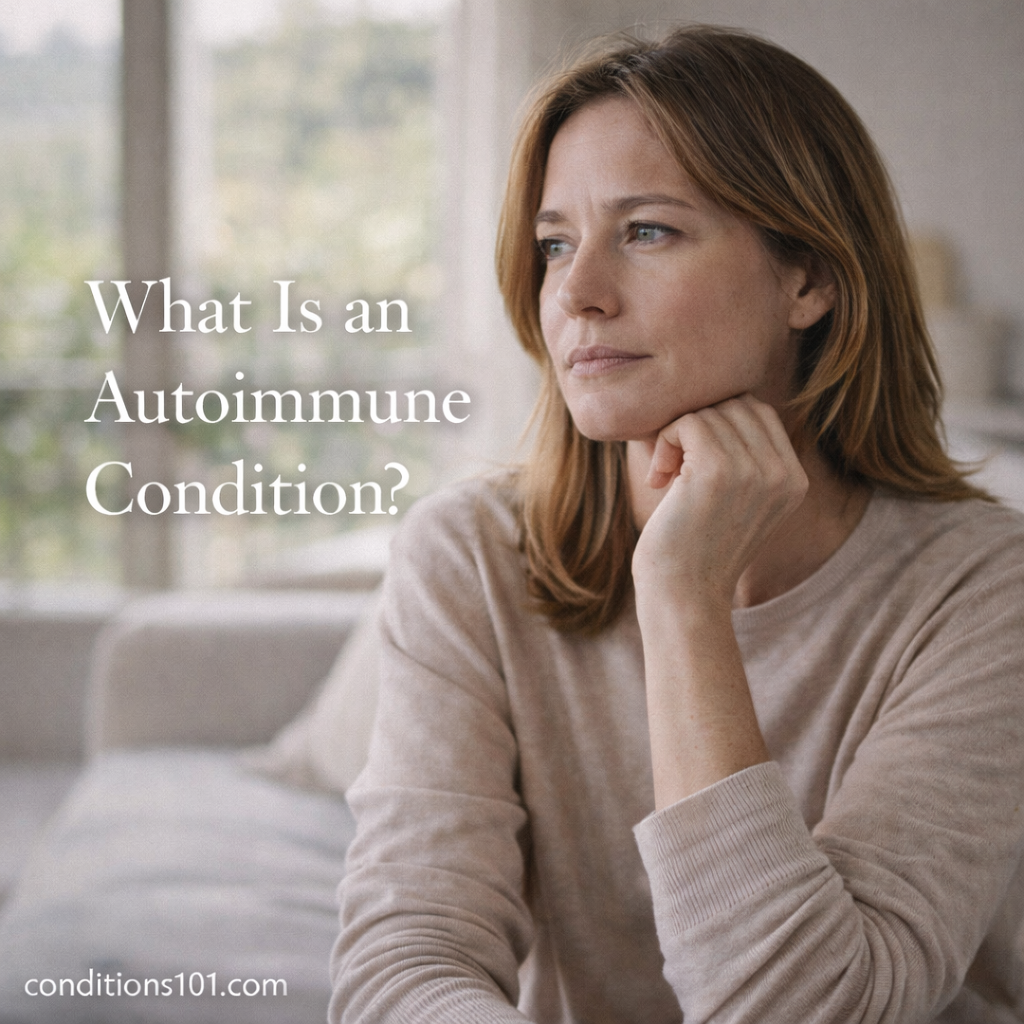 Adult woman sitting in a calm living room with a thoughtful expression, representing an educational overview of autoimmune conditions.