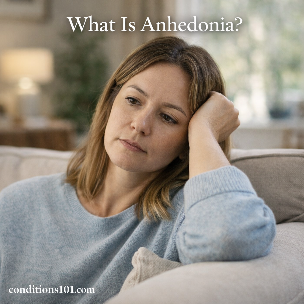 Adult woman sitting thoughtfully on a couch in a calm home setting, representing anhedonia in an educational mental health context.