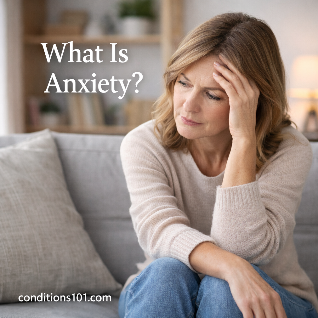 Adult woman sitting thoughtfully on a couch in a calm home setting for an educational article explaining what anxiety is.