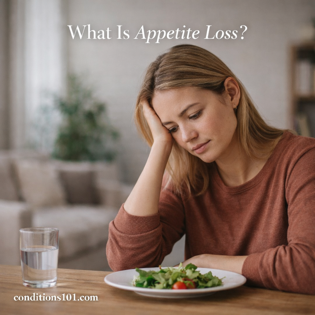 A woman sitting at a table looking thoughtfully at a small meal, representing reduced appetite in an everyday setting.