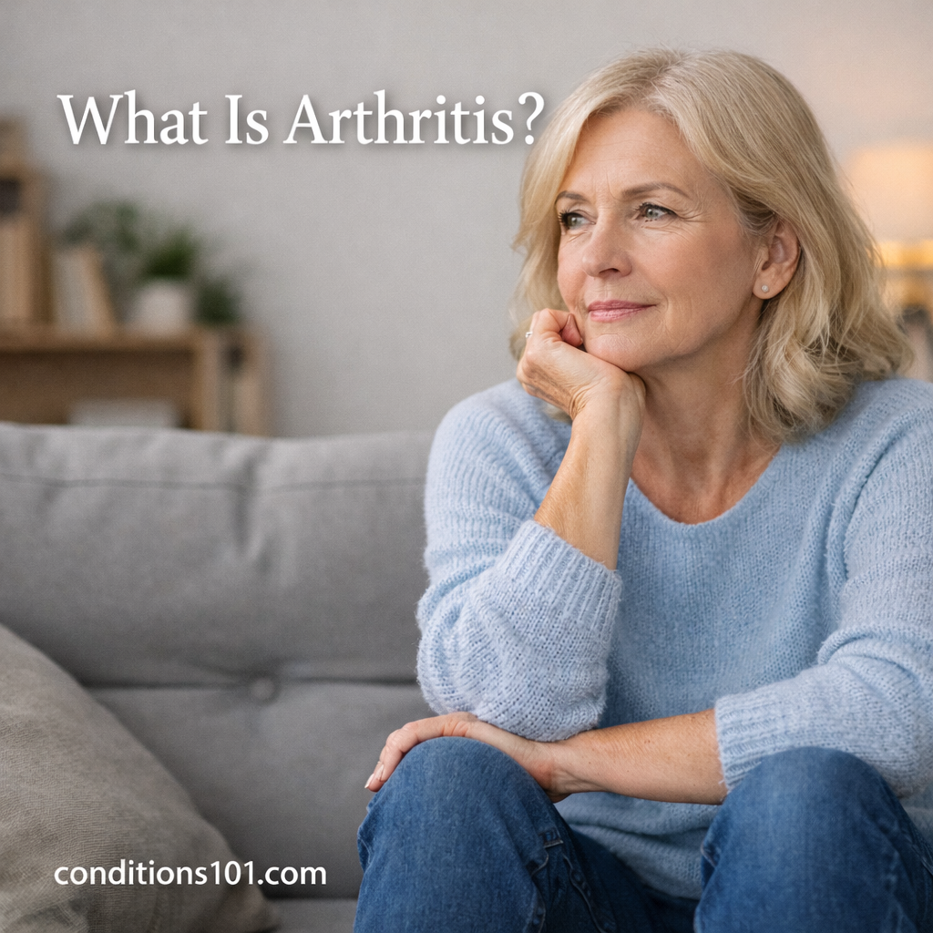 Adult woman sitting thoughtfully in a calm home setting for an educational article explaining what arthritis is.