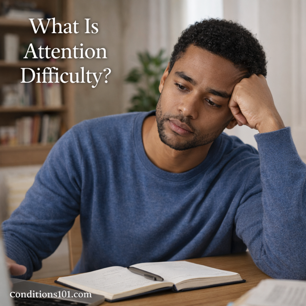 Adult person sitting at a desk in a calm home setting, appearing thoughtfully focused and distracted during everyday activities.
