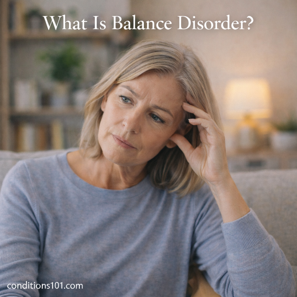 Adult woman sitting in a calm living room with a thoughtful expression, representing an educational overview of balance disorders.