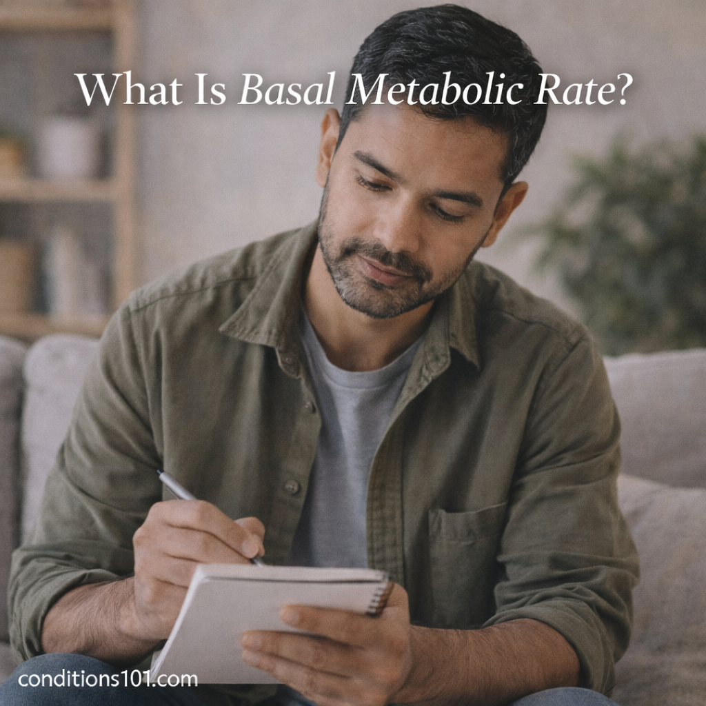 Man sitting in a calm living room writing in a notebook, thoughtfully reflecting on how the body uses energy at rest and basal metabolic rate.