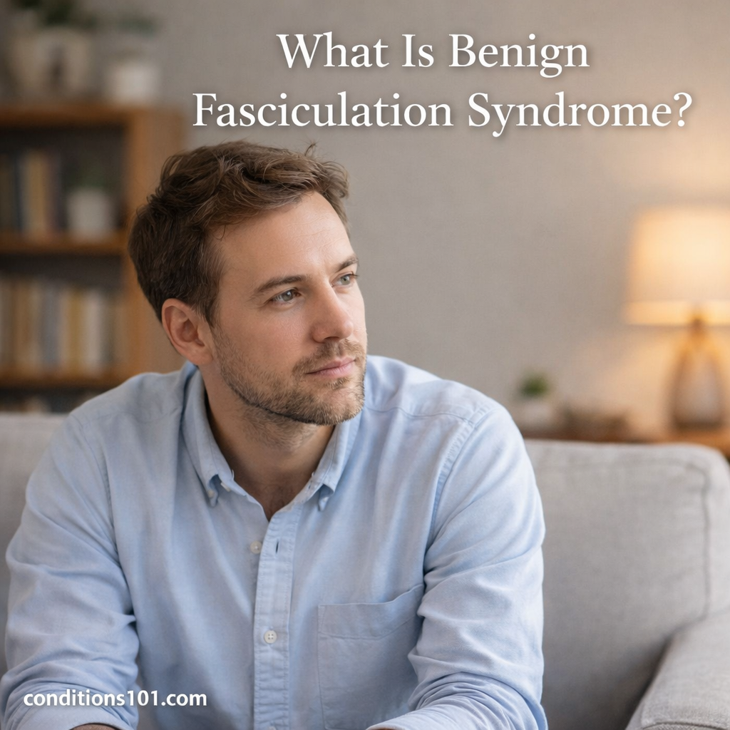 Adult man sitting thoughtfully in a calm living room, representing a non-clinical overview of benign fasciculation syndrome.