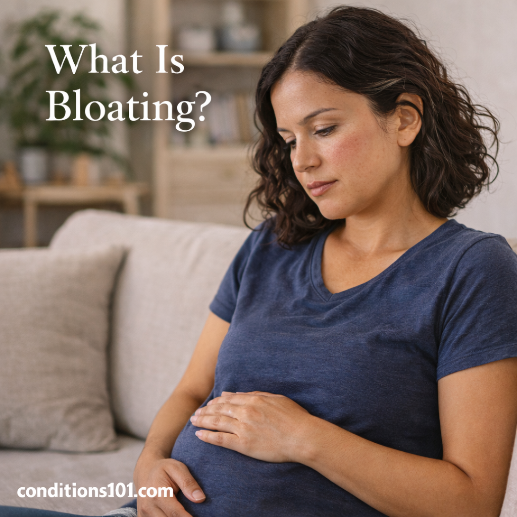 Adult woman in a calm everyday setting resting on a couch, representing an educational overview of what bloating is.
