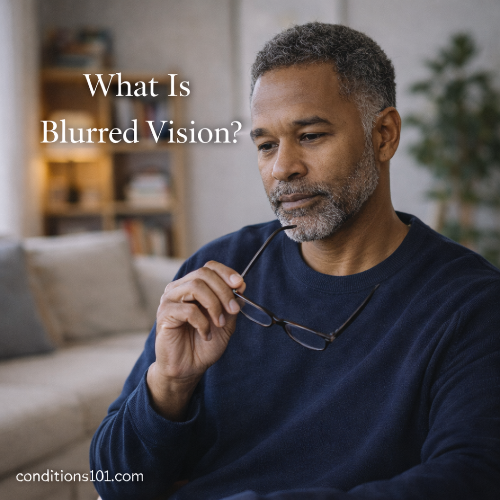 Middle-aged man sitting thoughtfully in a calm living room while holding eyeglasses, representing an educational explanation of blurred vision.