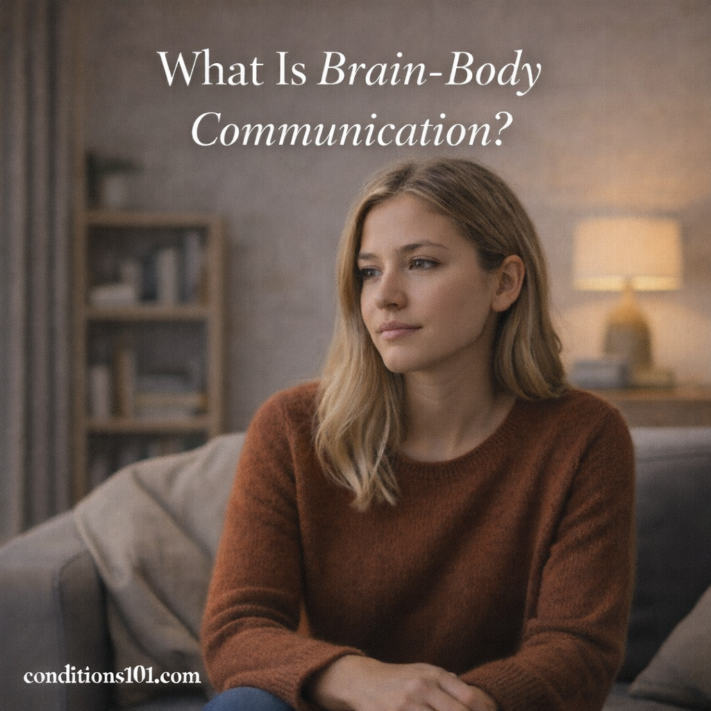 Adult woman sitting calmly on a couch in a home setting, representing an educational article about brain-body communication.