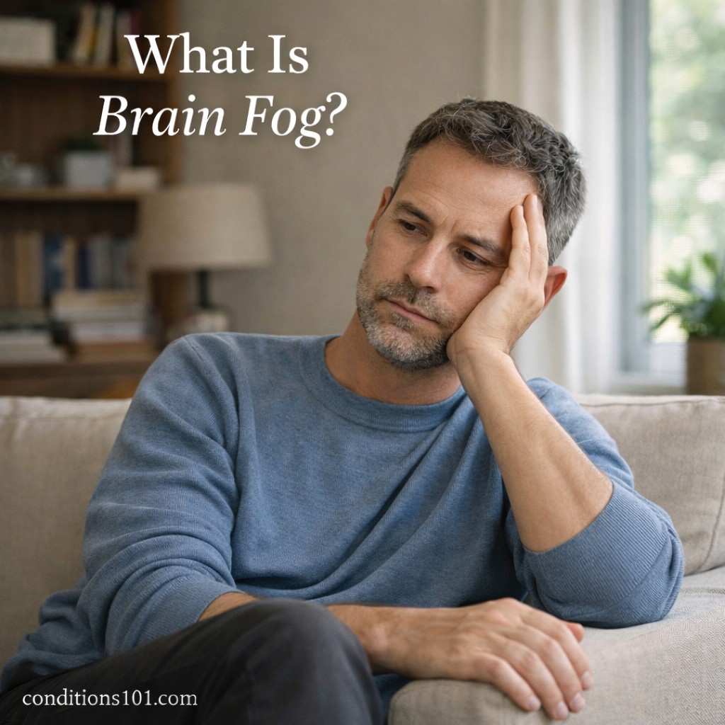 An adult man sitting thoughtfully on a couch in a calm living room, representing mental cloudiness often described as brain fog.