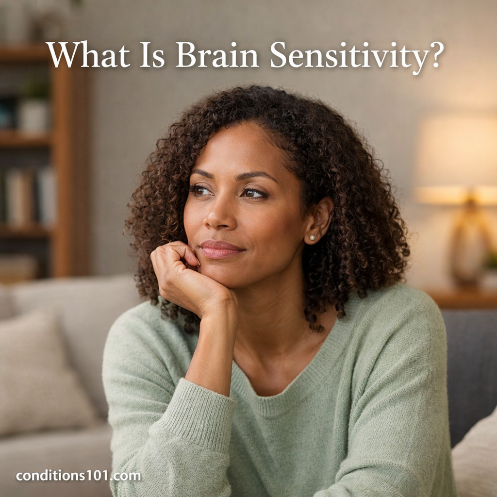 Adult woman sitting thoughtfully in a calm living room setting representing brain sensitivity and reflective thinking.