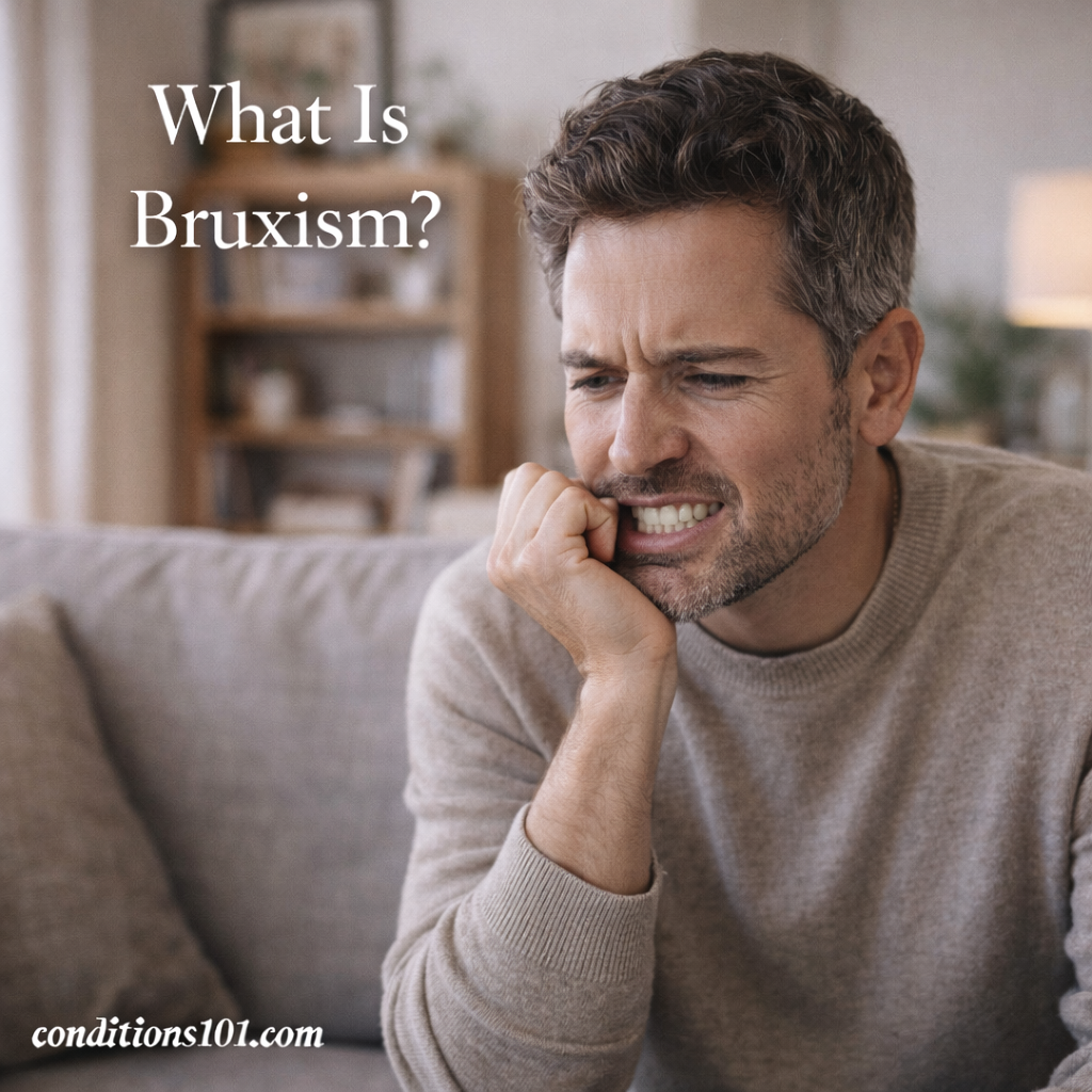 Adult man sitting on a couch with a tense jaw and thoughtful expression, representing an educational overview of bruxism and teeth clenching behavior.