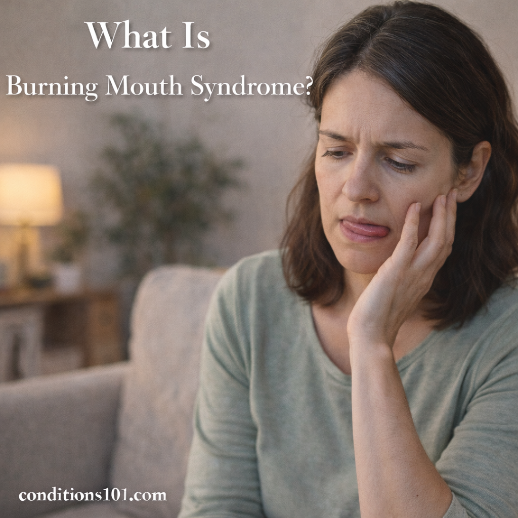 Middle-aged woman sitting in a calm home setting, gently touching her face with a thoughtful expression, representing an educational article about burning mouth syndrome.