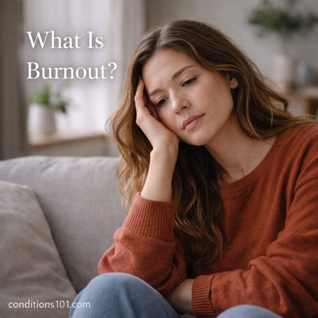 Adult woman sitting on a couch with a thoughtful expression in a calm home setting, representing an educational overview of burnout.