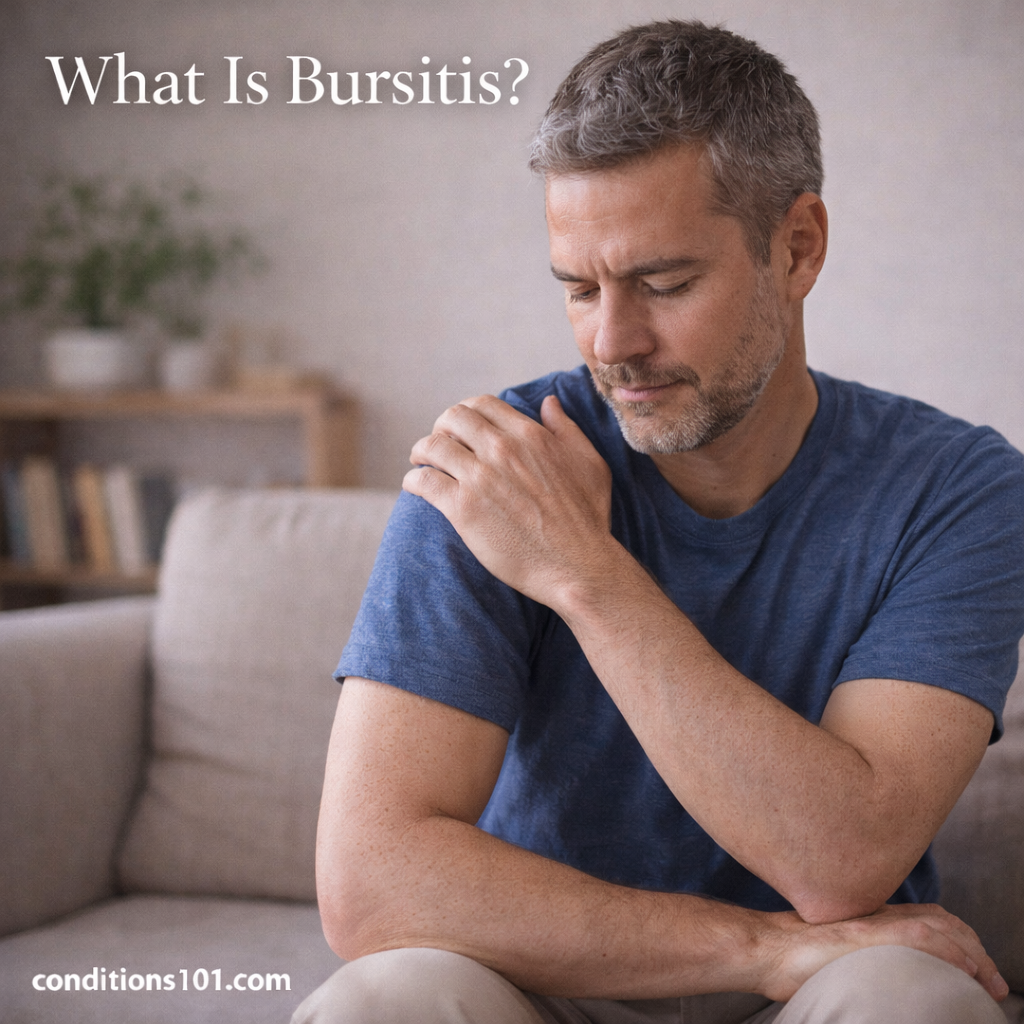 Middle-aged man sitting on a couch holding his shoulder in a calm living room, representing an educational overview of bursitis.