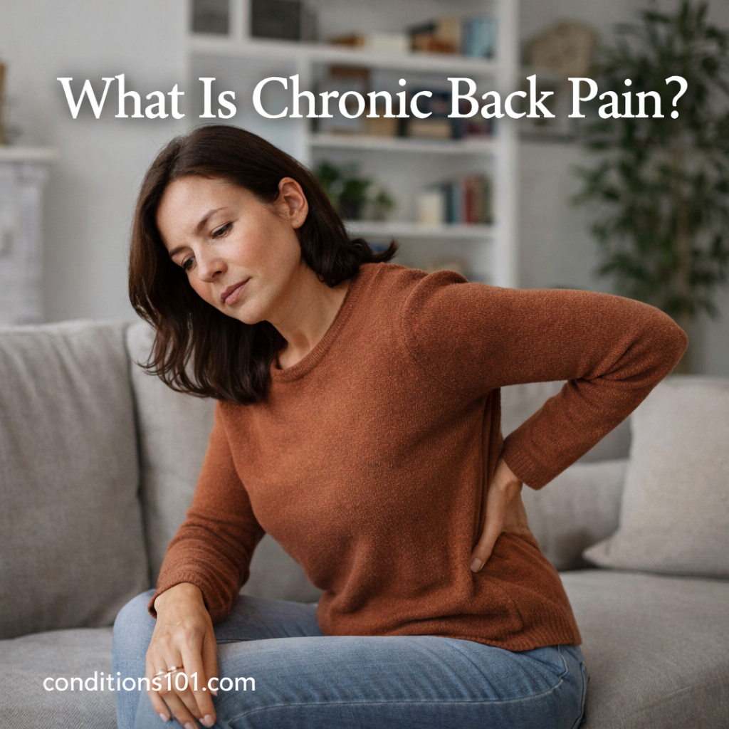 Adult woman sitting on a couch in a calm home setting for an educational article explaining what chronic back pain is.