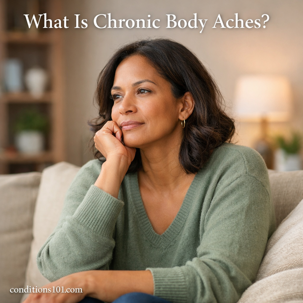 Woman sitting thoughtfully in a calm living room setting representing chronic body aches and everyday discomfort.