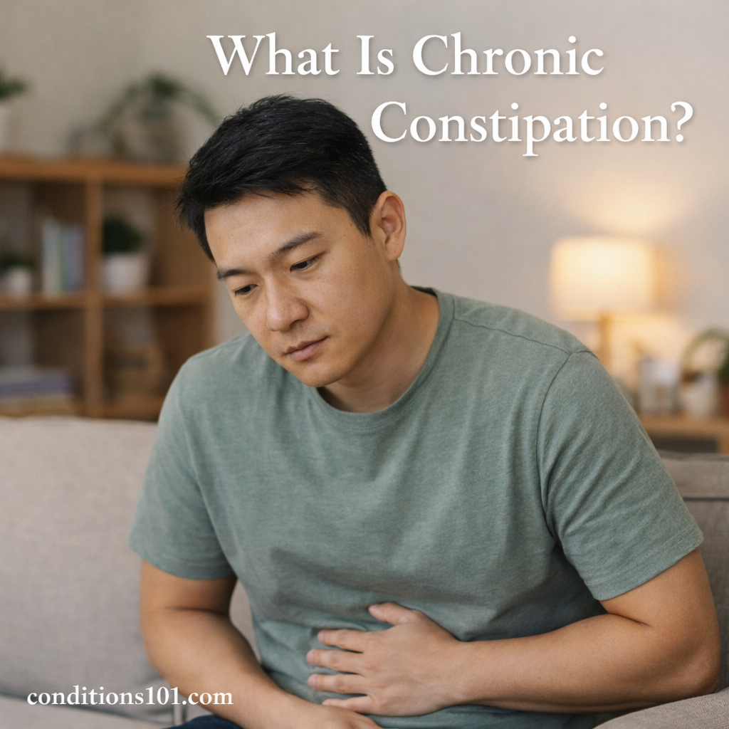 Adult man sitting on a couch in a calm home setting, appearing thoughtful, representing an educational article about chronic constipation.