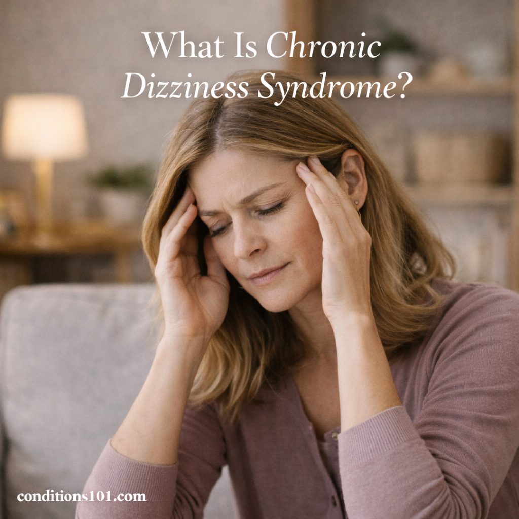 Middle-aged woman sitting calmly in a living room, appearing thoughtful in an educational article explaining chronic dizziness syndrome.