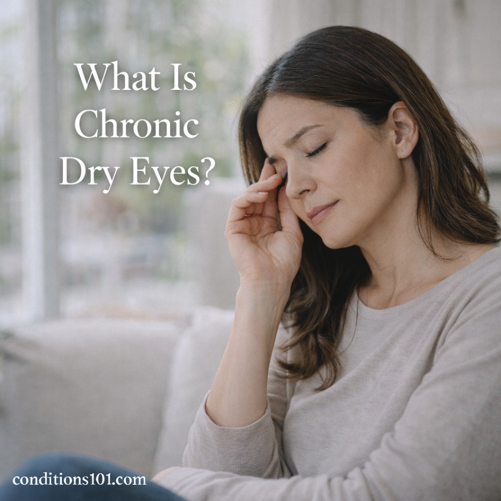 Adult person in a calm home setting gently touching their eye, representing chronic dry eyes as an ongoing, non-clinical eye comfort concern.