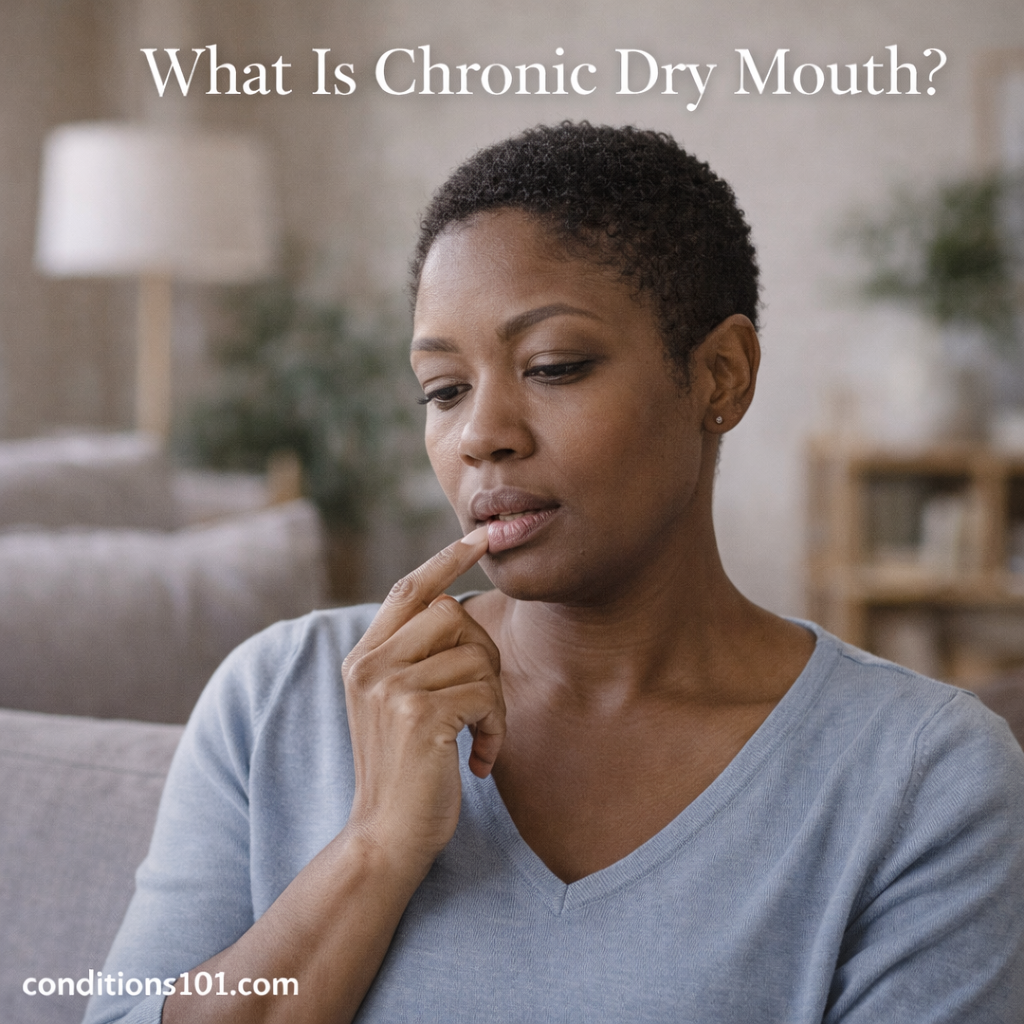 Thoughtful adult woman sitting in a calm home setting, representing chronic dry mouth awareness.