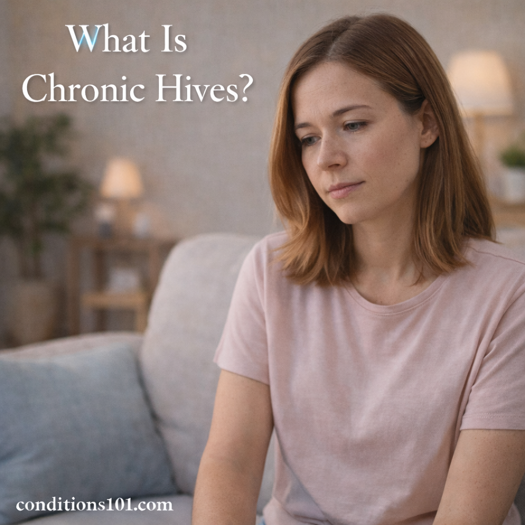 Young woman sitting in a calm living room with a thoughtful expression, representing an educational article about chronic hives.
