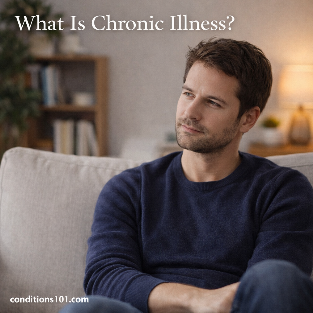 Adult man sitting thoughtfully on a couch in a calm living room, representing an educational overview of chronic illness.