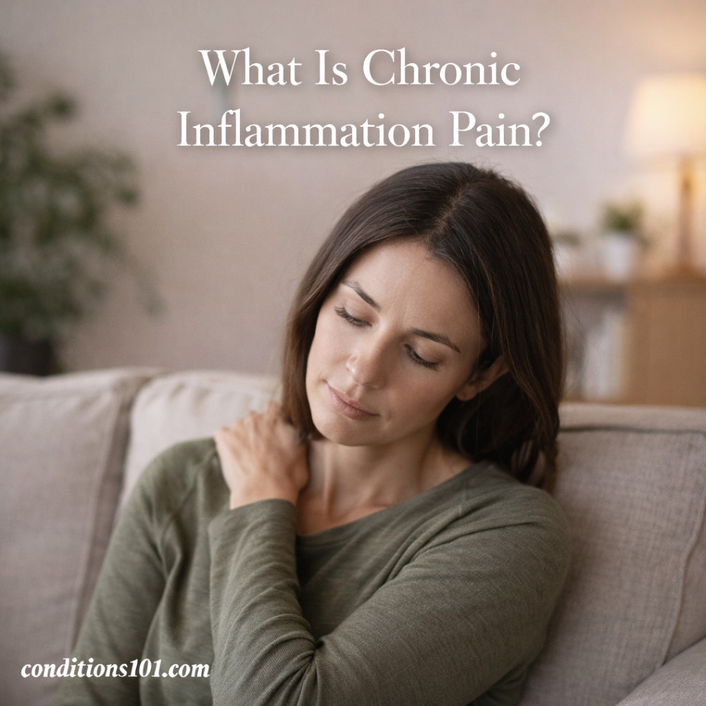 Adult woman sitting on a couch with a thoughtful expression while holding her shoulder, representing an educational overview of chronic inflammation pain.