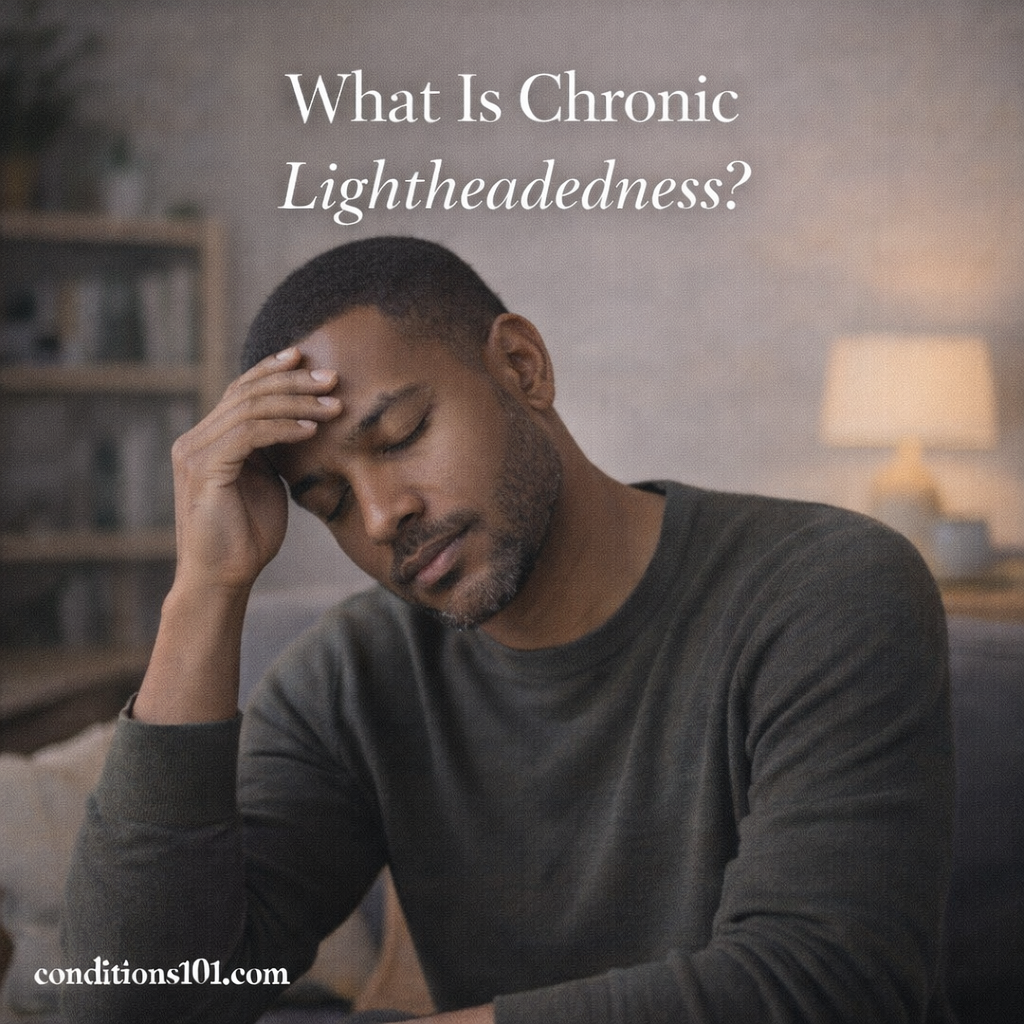 Adult man sitting calmly indoors with his hand resting on his head, representing an educational article about chronic lightheadedness.