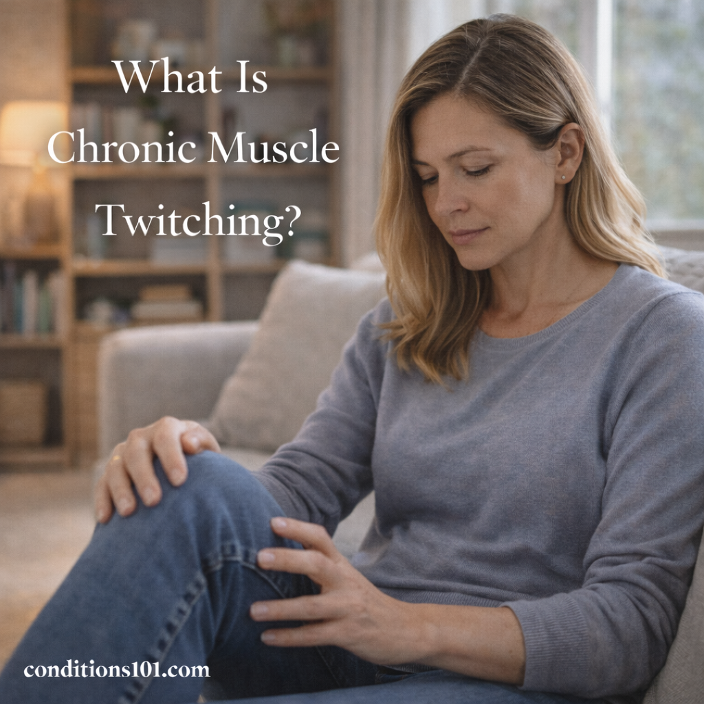 An adult woman sitting calmly on a couch and touching her leg, representing everyday awareness of chronic muscle twitching.