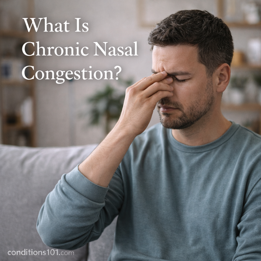 Adult man sitting on a couch gently pinching the bridge of his nose in a calm home setting, representing chronic nasal congestion.