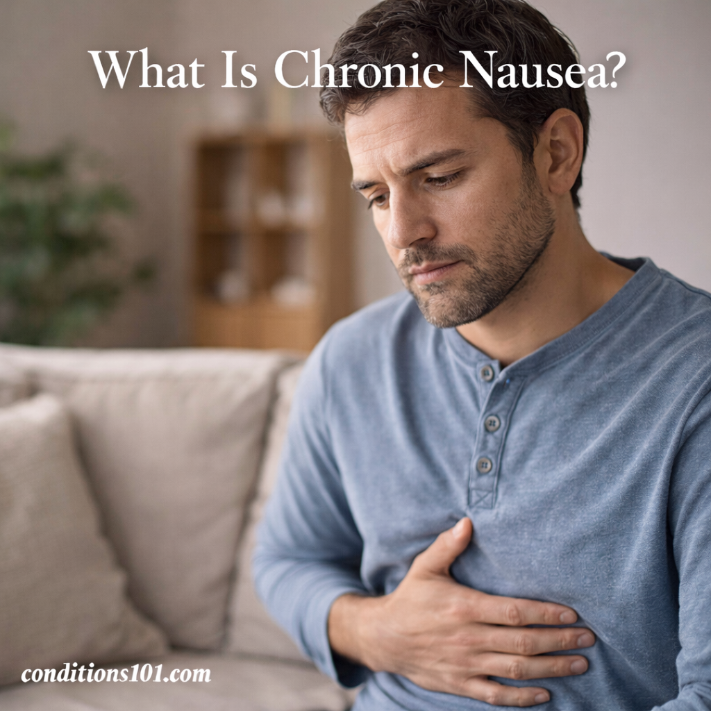 Adult man sitting on a couch with a thoughtful expression, representing an educational overview of chronic nausea in digestive and gut health.