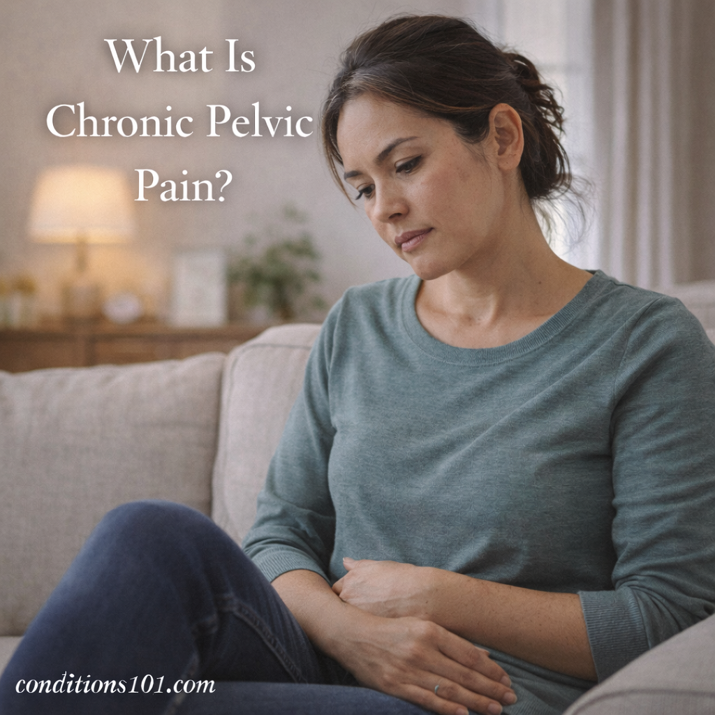 An adult woman sitting on a couch with a calm, reflective expression, resting a hand on her lower abdomen in an everyday home setting.
