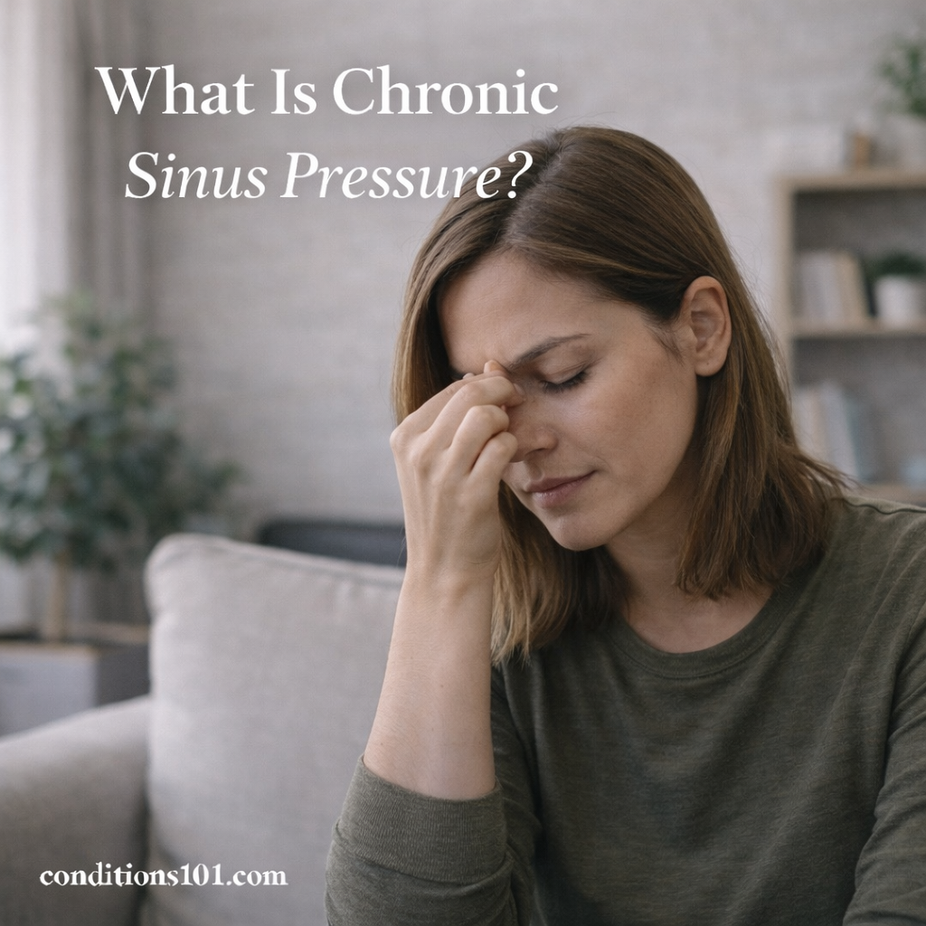 A woman sitting in a living room gently holding the bridge of her nose, representing chronic sinus pressure.