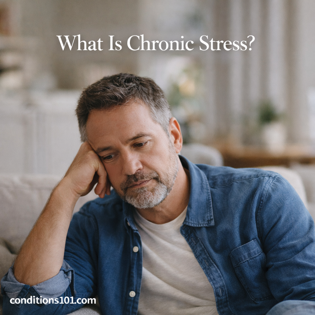 Middle-aged man sitting on a couch with a thoughtful expression in a calm living room, representing an educational article about chronic stress.