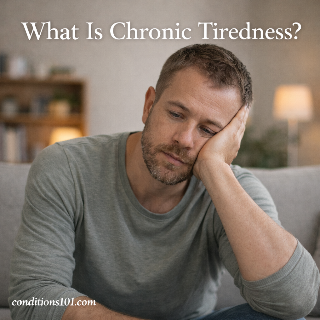 Adult man sitting thoughtfully on a couch in a calm living room setting, representing an educational article about chronic tiredness.