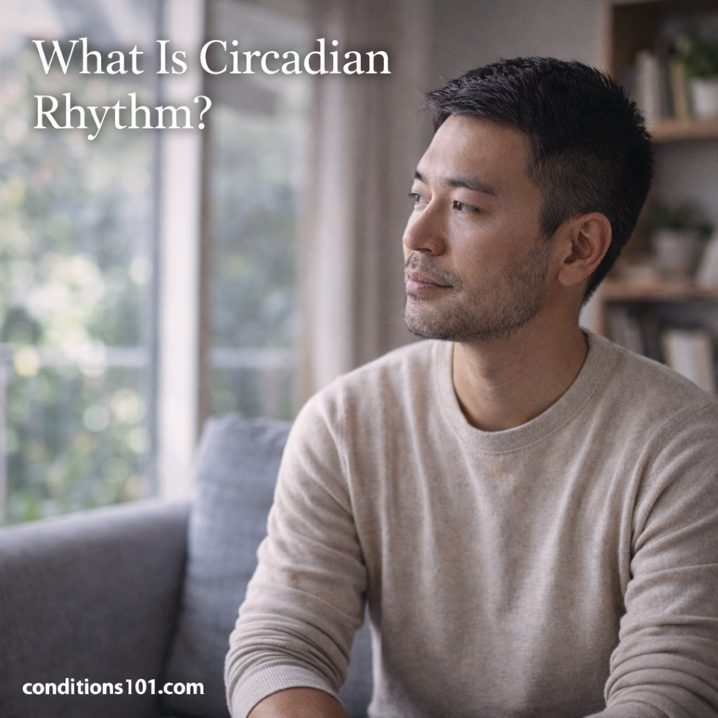 Man sitting thoughtfully by a window in a calm living room, representing an educational overview of circadian rhythm and daily sleep–wake patterns.