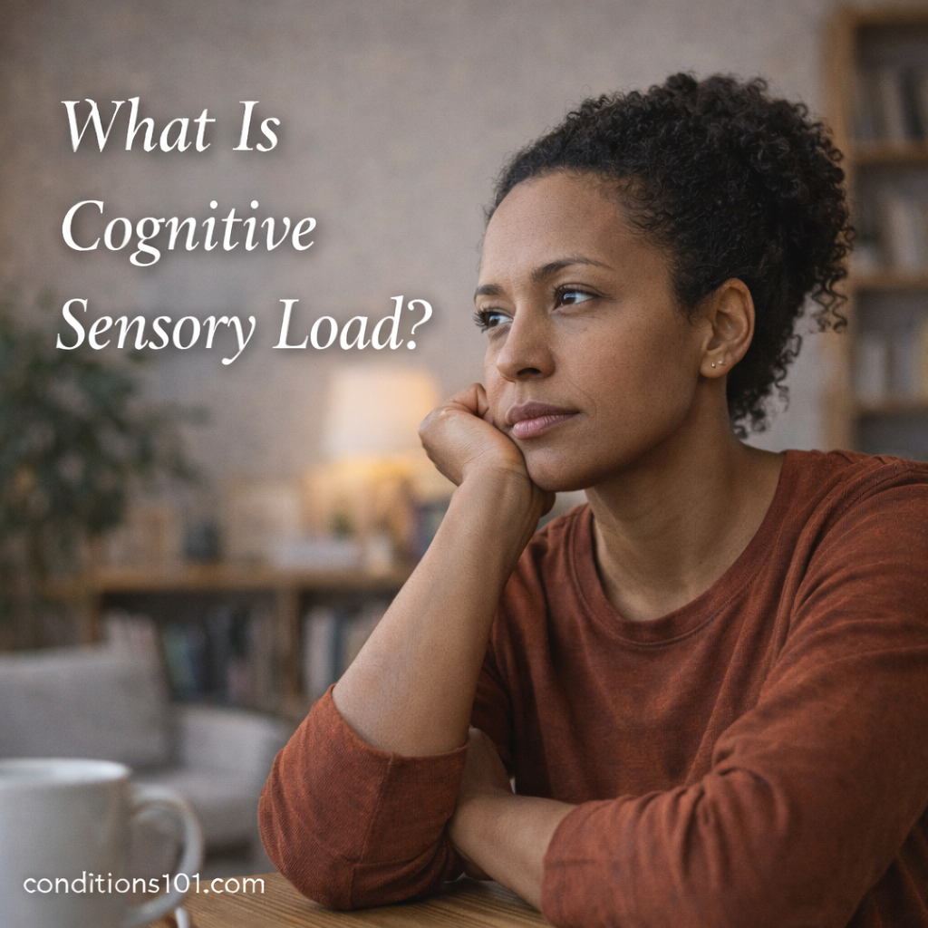 Adult woman sitting thoughtfully at a table in a calm home setting, representing an educational explanation of cognitive sensory load.