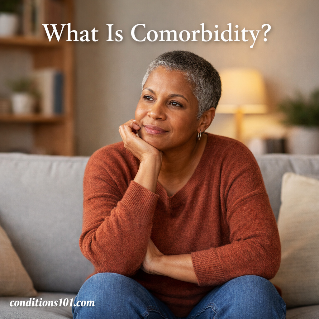 Adult woman sitting thoughtfully on a couch in a calm home setting, representing an educational overview of comorbidity in general health conditions.