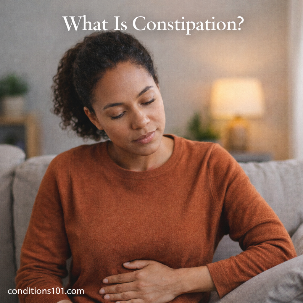 Adult woman sitting on a couch in a calm living room, appearing thoughtful in an everyday setting related to digestive health education.