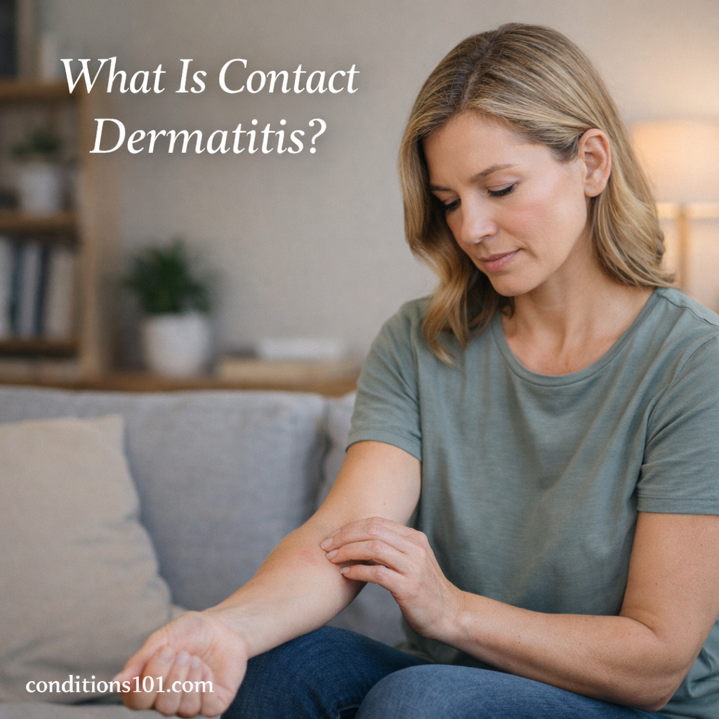 Adult woman sitting at home calmly examining mild skin irritation on her arm in an everyday setting, representing contact dermatitis.