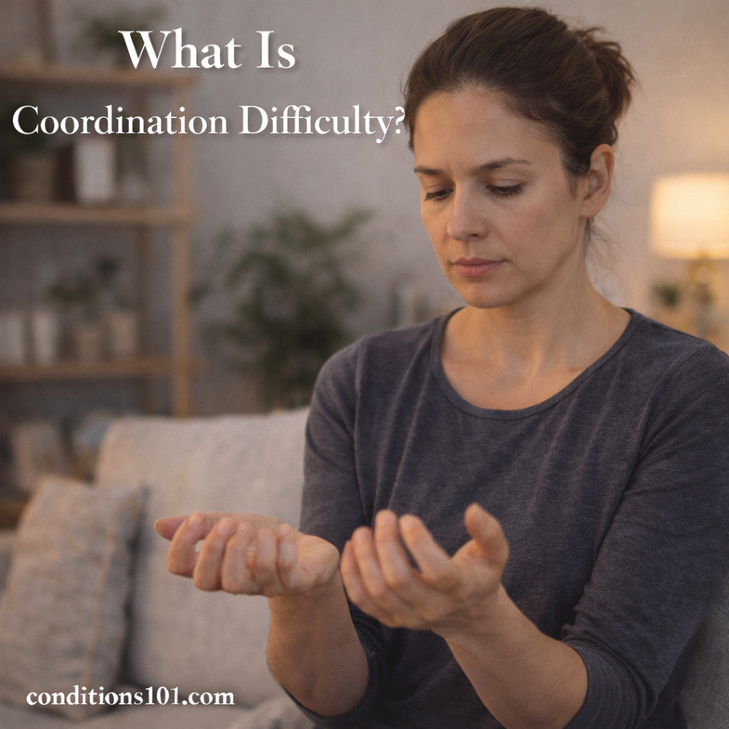 Adult woman sitting in a calm living room setting, thoughtfully looking at her hands, representing an educational article about coordination difficulty.