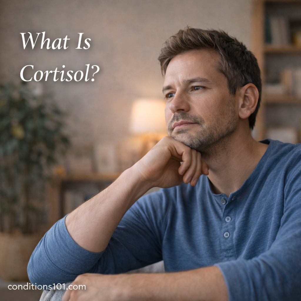 Adult man sitting thoughtfully in a calm home setting, representing an educational explanation of cortisol and hormonal balance.