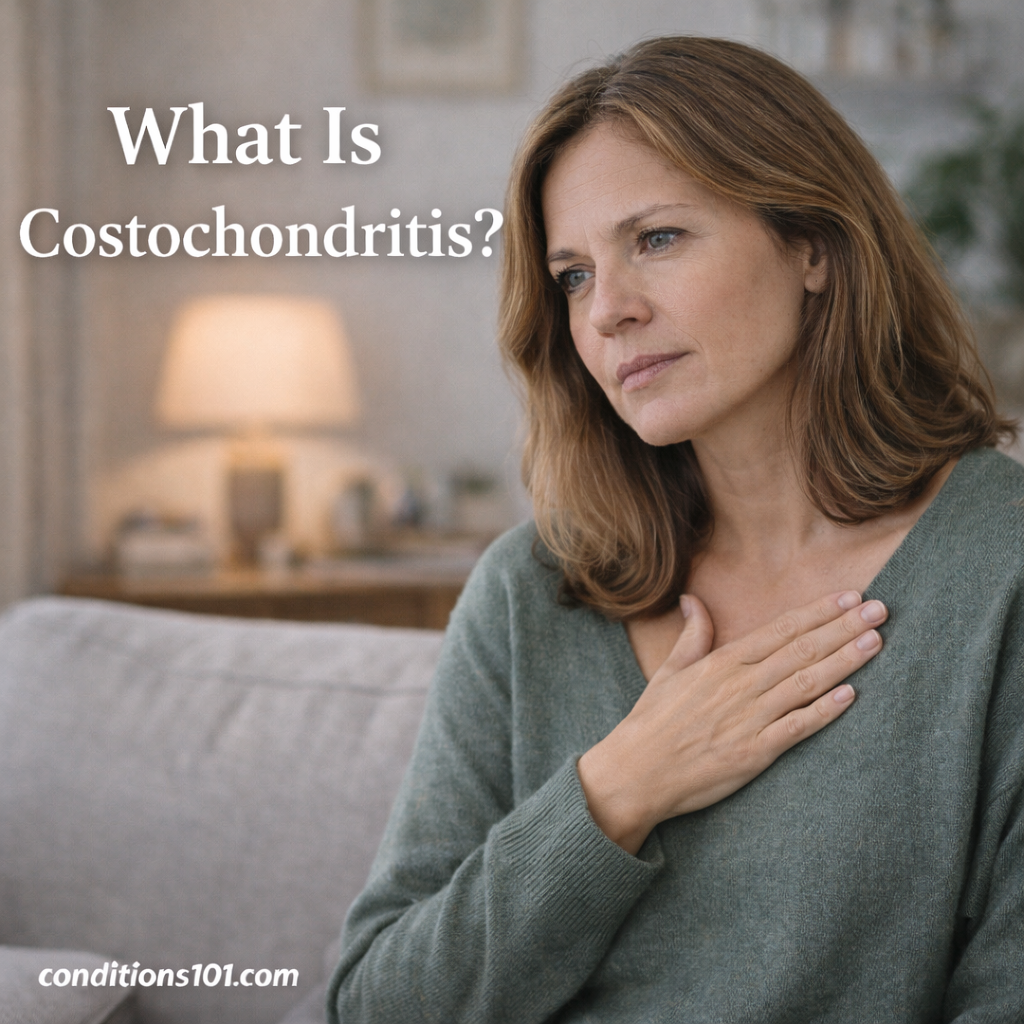 Adult woman sitting calmly in a living room and gently touching her chest, representing an educational overview of what costochondritis is.
