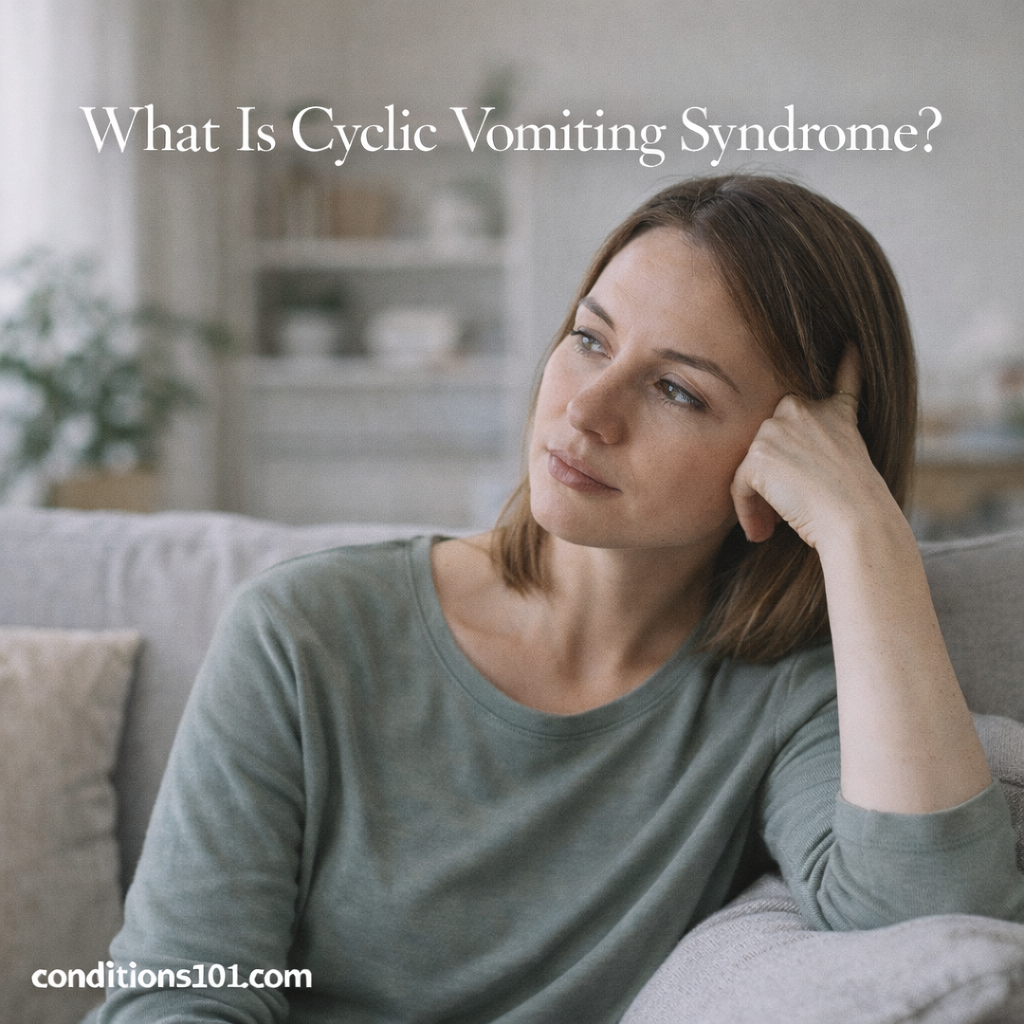 Adult woman sitting calmly on a couch with a thoughtful expression in a living room, representing an educational article about cyclic vomiting syndrome.