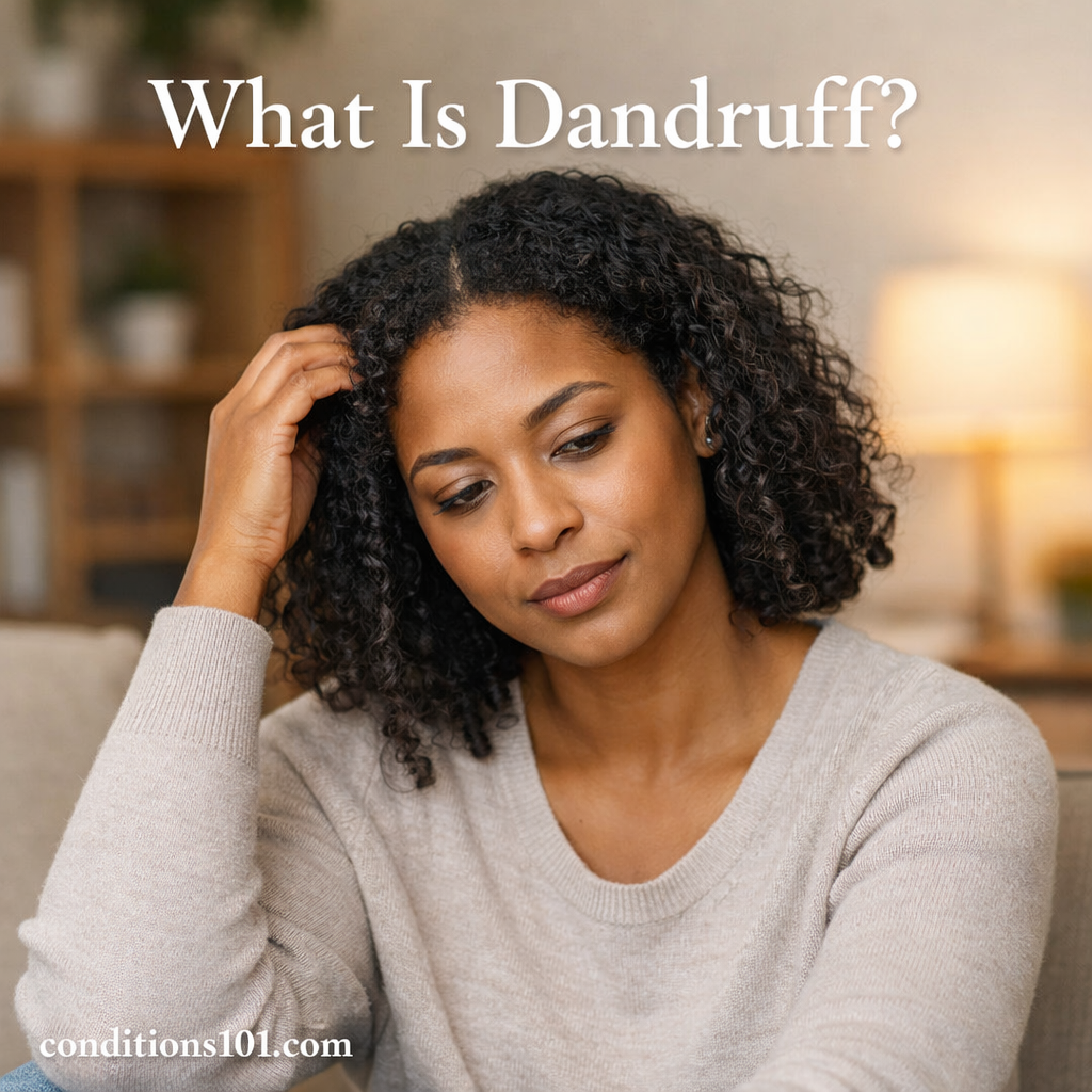 Adult woman sitting indoors in a calm living space, appearing thoughtful, representing an educational article about dandruff.