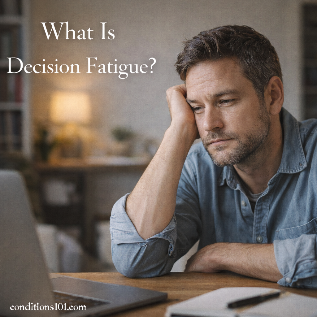 An adult man sitting at a home office desk with his head resting on his hand, appearing thoughtfully focused while facing a laptop, representing decision fatigue.