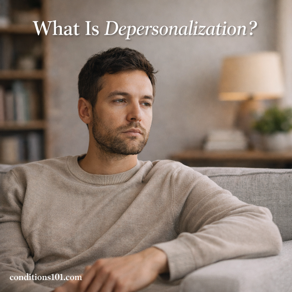 Adult man sitting calmly in a living room, representing an educational article explaining what depersonalization is.