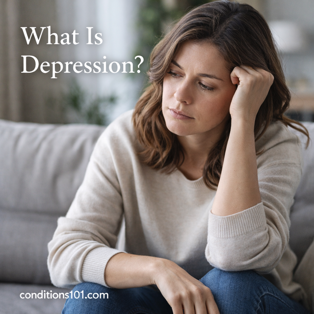 Adult woman sitting thoughtfully on a couch in a calm living room setting for an educational article explaining what depression is.